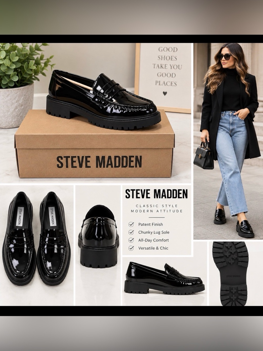Steve Madden Black Patent Chunky Lug Loafers